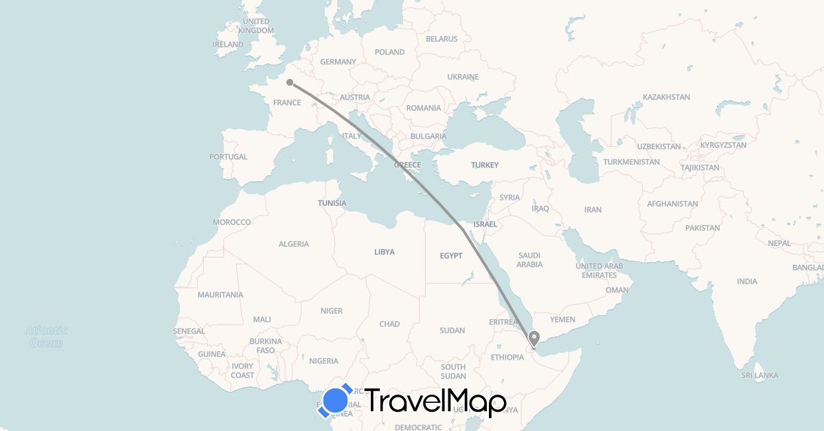 TravelMap itinerary: driving, plane in Djibouti, Egypt, France (Africa, Europe)